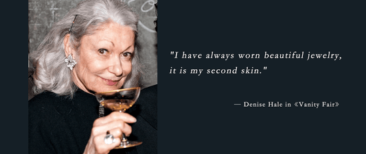 Denise Hale elegantly wearing exquisite jewelry, embodying the idea that jewelry is her second skin—timeless beauty and personal expression.