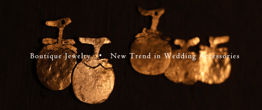 Boutique Chinese jewelry with handcrafted golden textures, echoing archaeological motifs — reflecting the rising trend of artisanal wedding accessories.
