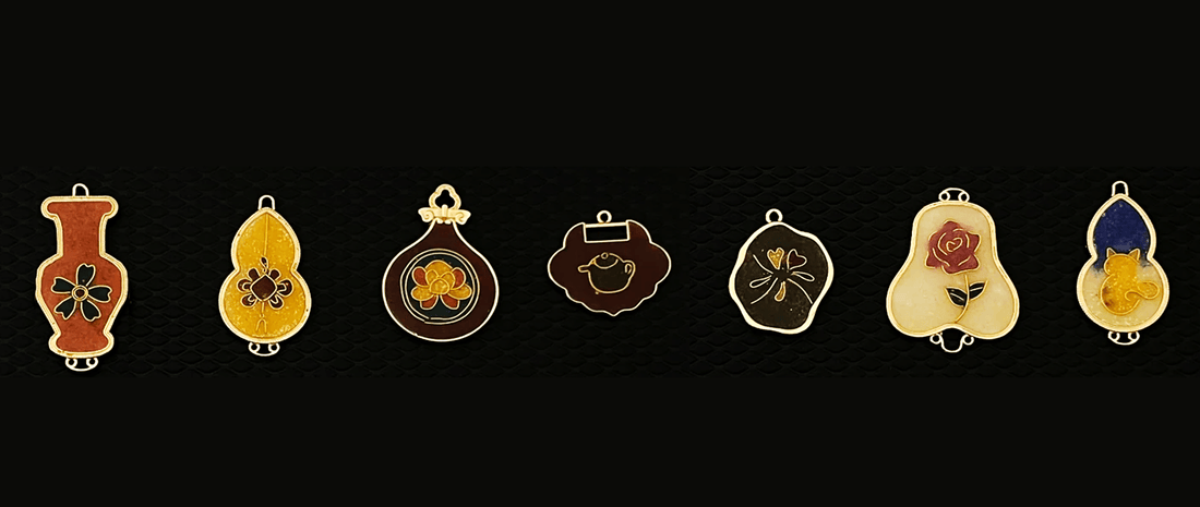 Handmade Chinese enamel charms with floral and symbolic designs in gourd, vase, and fan shapes.