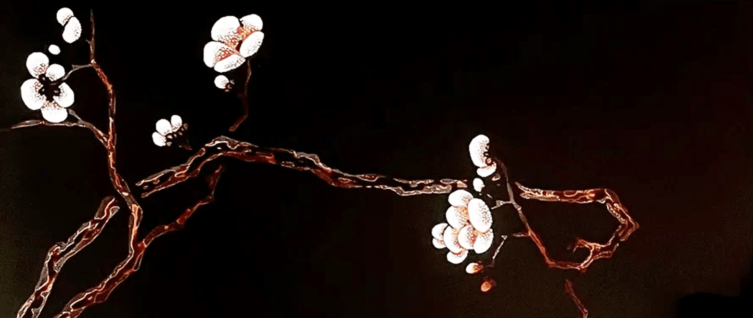 Heritage lacquer art depicting delicate plum blossoms in Chinese style