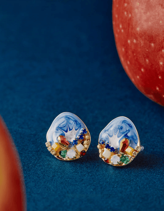 Chinese Floral Enamel Sterling Silver Earrings