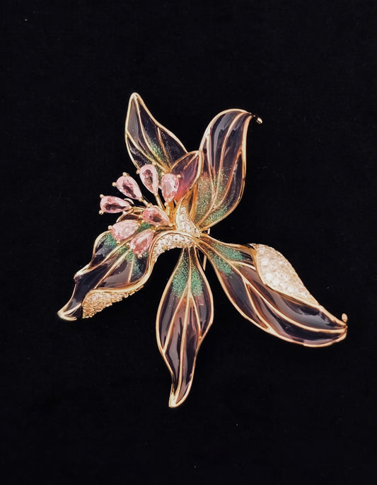 Handcrafted Chinese cloisonné enamel iris brooch pin with intricate floral detailing