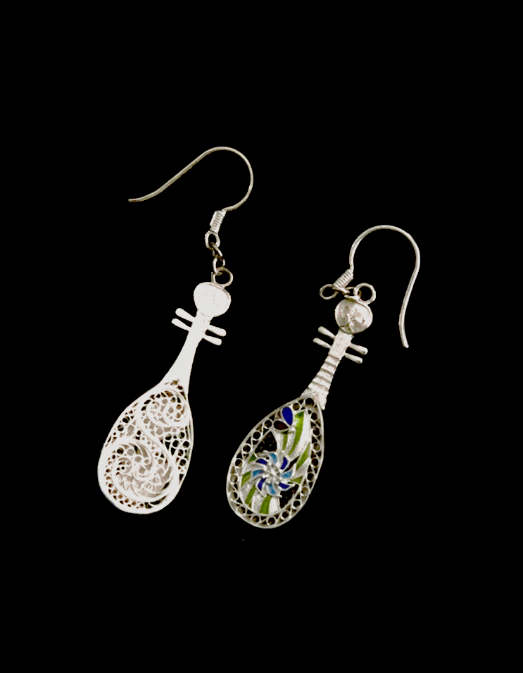 Dunhuang Inspired Pipa Earrings Chinese Filigree in sterling Silver