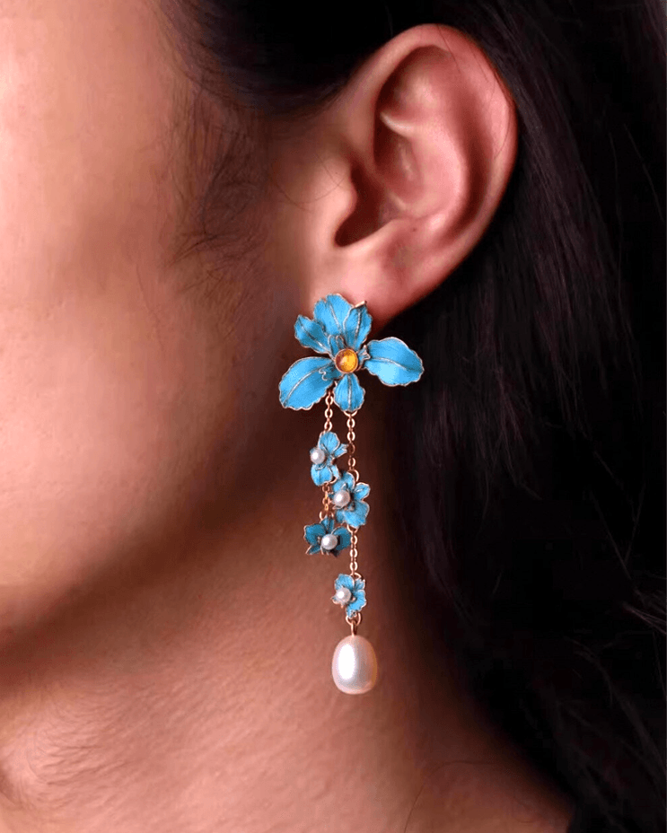 cloisonné and faux feather earrings in blue and gold – Chinese heritage inspired