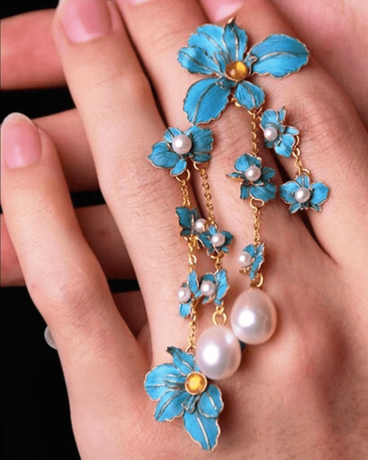 eco-friendly dian cui style earrings with iris motif and flowing chain tassels
