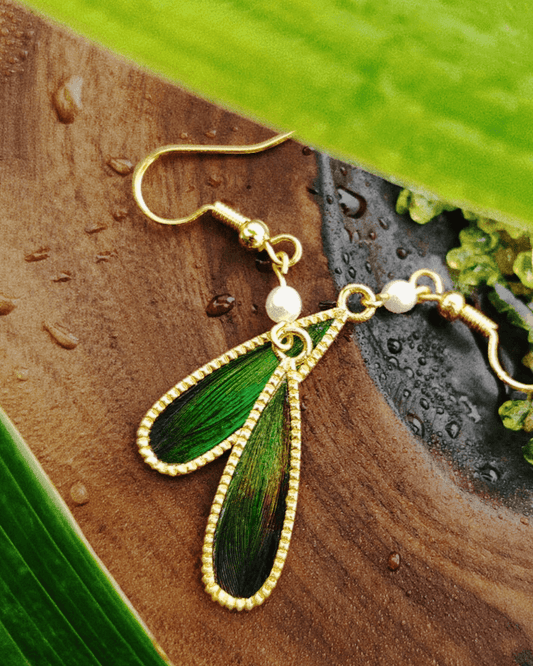 oriental style green brass earrings inspired by traditional dian cui feather jewelry