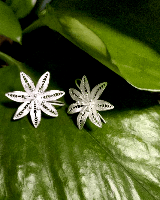 Close-up of 0.2 mm silver filigree wires handwoven into layered flower shapes, showcasing ancient Chinese craftsmanship