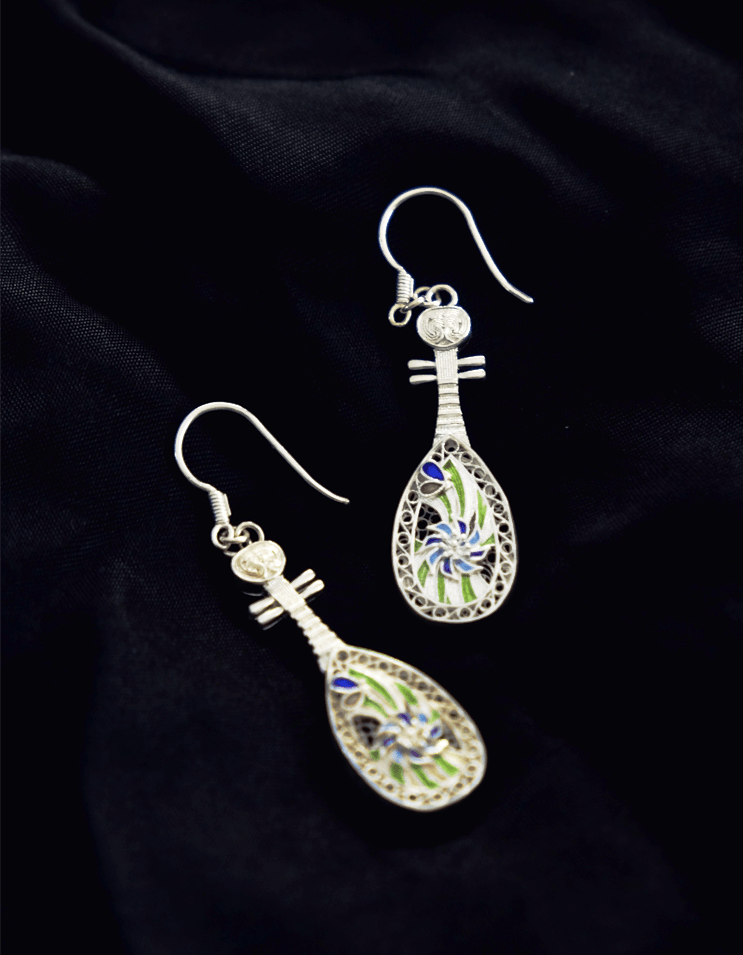 Dunhuang Inspired Pipa Earrings Chinese Filigree in sterling Silver