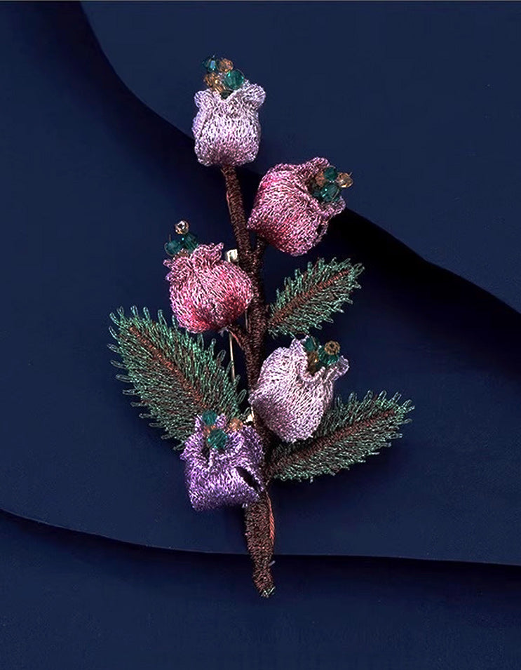 Detailed view of handcrafted Bellflower embroidery texture and fine metalwork from ZolanJewelry.