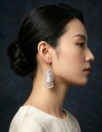 Model wearing zolanjewelry Chinese textile song brocade drop earrings