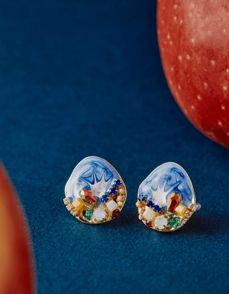 Chinese Floral Enamel Sterling Silver Earrings