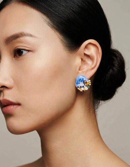 Model wearing Zolanjewelry Deep Ocean Cloisonne Enamel Silver Stud Earrings 