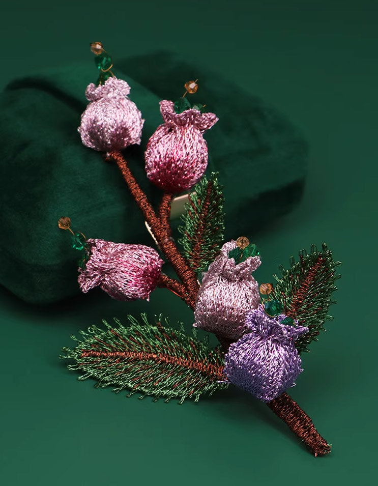 Bellflower Embroidered Brooch on green background, highlighting silk embroidery and handcrafted details by ZolanJewelry.
