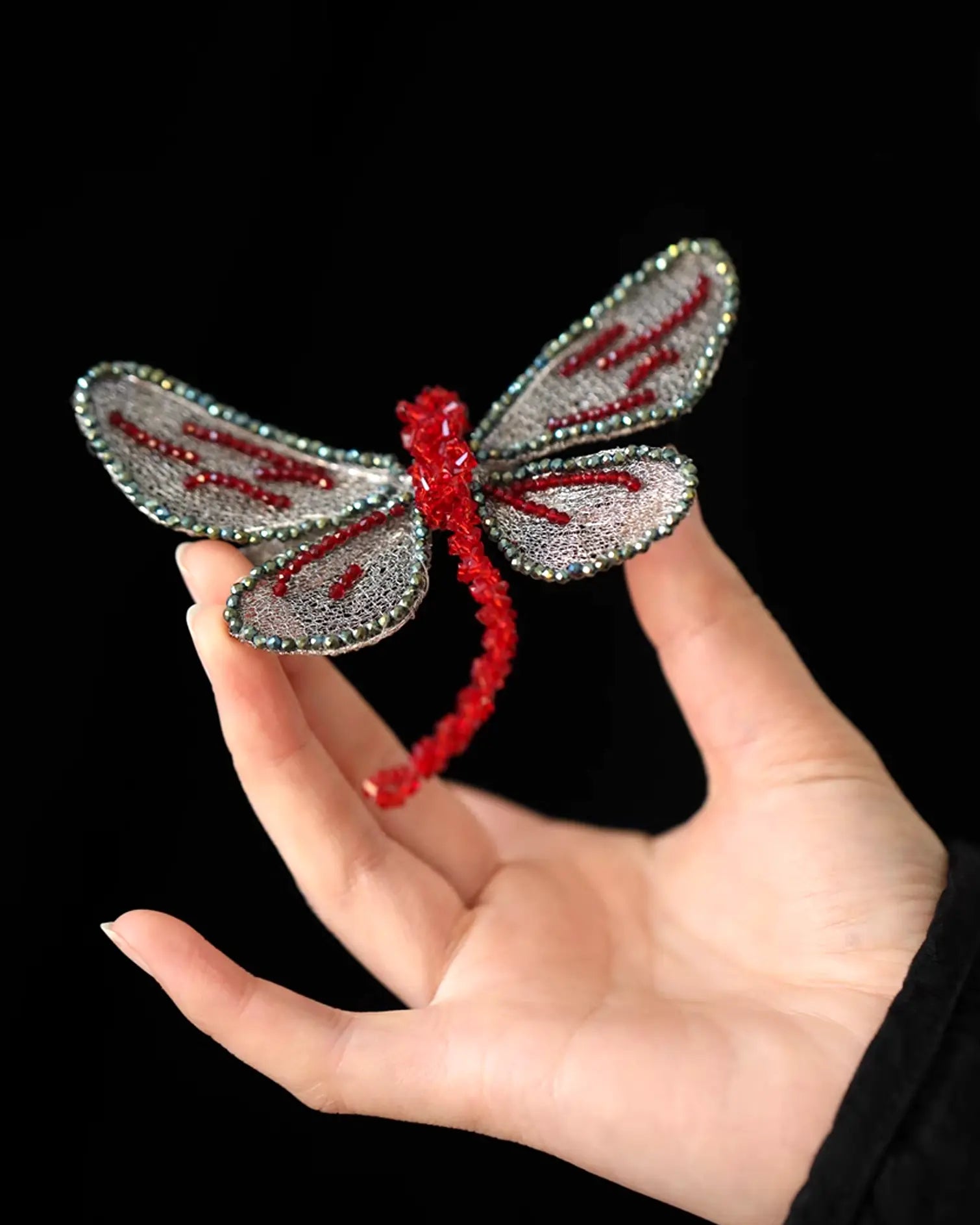 View of dragonfly hair clip with food-grade wire construction and metallic base for lasting shape