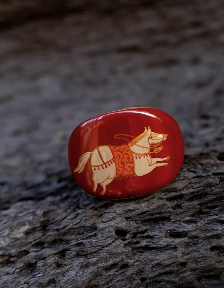Full view of the Red-Gold Maned Horse lacquer ring, a handcrafted Chinese lacquer jewelry piece rooted in traditional craftsmanship