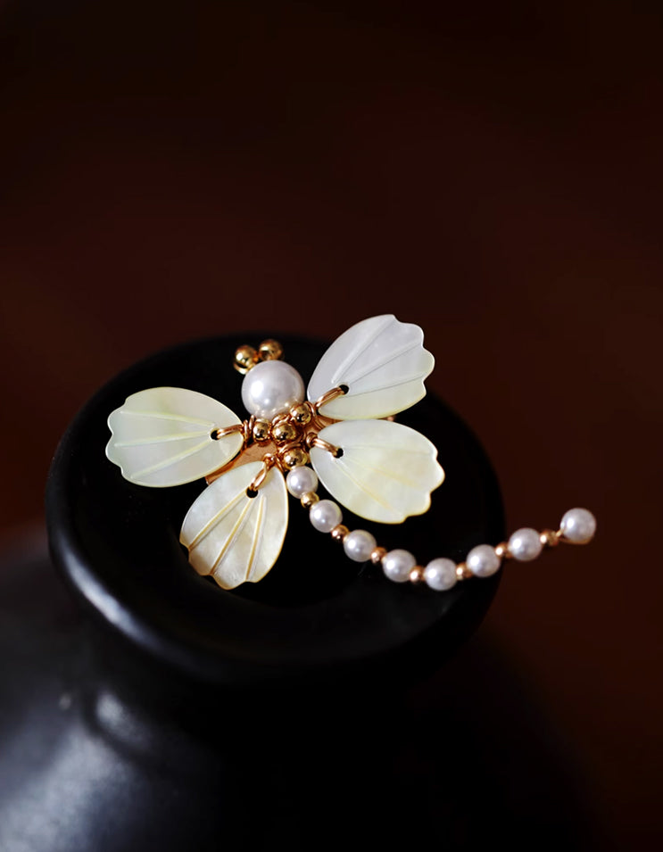 Handcrafted Chinese dragonfly brooch pin adorned with lustrous pearls