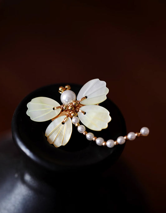 Handcrafted Chinese dragonfly brooch pin adorned with lustrous pearls