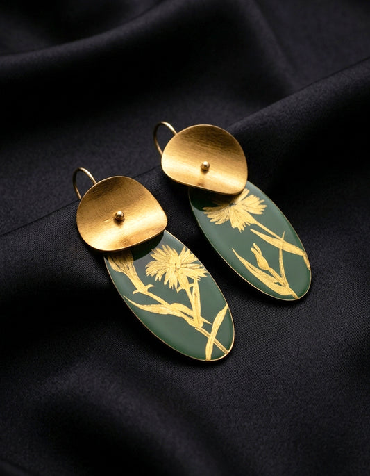 Handcrafted Chinese lacquer earrings featuring imperial jade-green lacquer and hand-painted gold blossoms. Traditional Da Qi heritage craft art.
