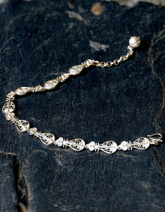 Detailed view of zolanjewelry handcrafted Chinese silver filigree (Huasi Xiangqian) bracelet inspired by Dunhuang pipa motifs.