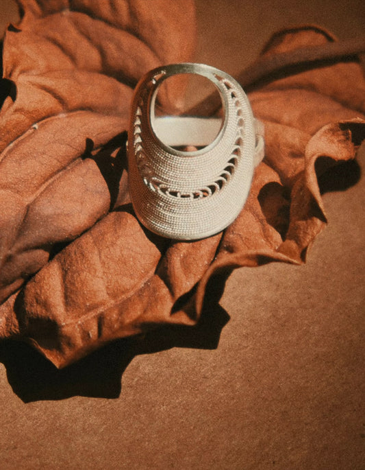 ZolanJewelry handcrafted Chinese silver filigree (Huasi Xiangqian) open statement ring. Architectural fine silver design inspired by fluid lunar arcs and Eastern art.