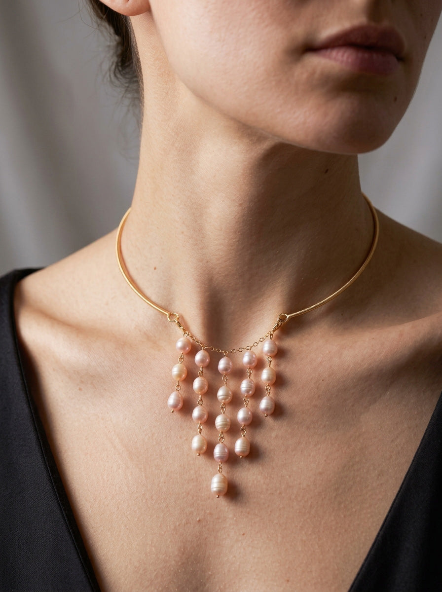 Model wearing a ZolanJewelry rose freshwater pearl tassel choker necklace