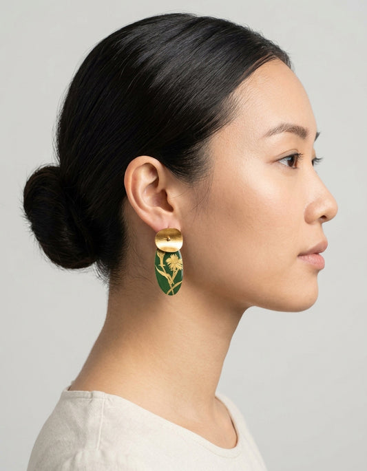 A women wearing zolanjewelry Chinese lacquer earrings, hand-painted green lacquer earrings with gold floral motif – Chinese art jewelry