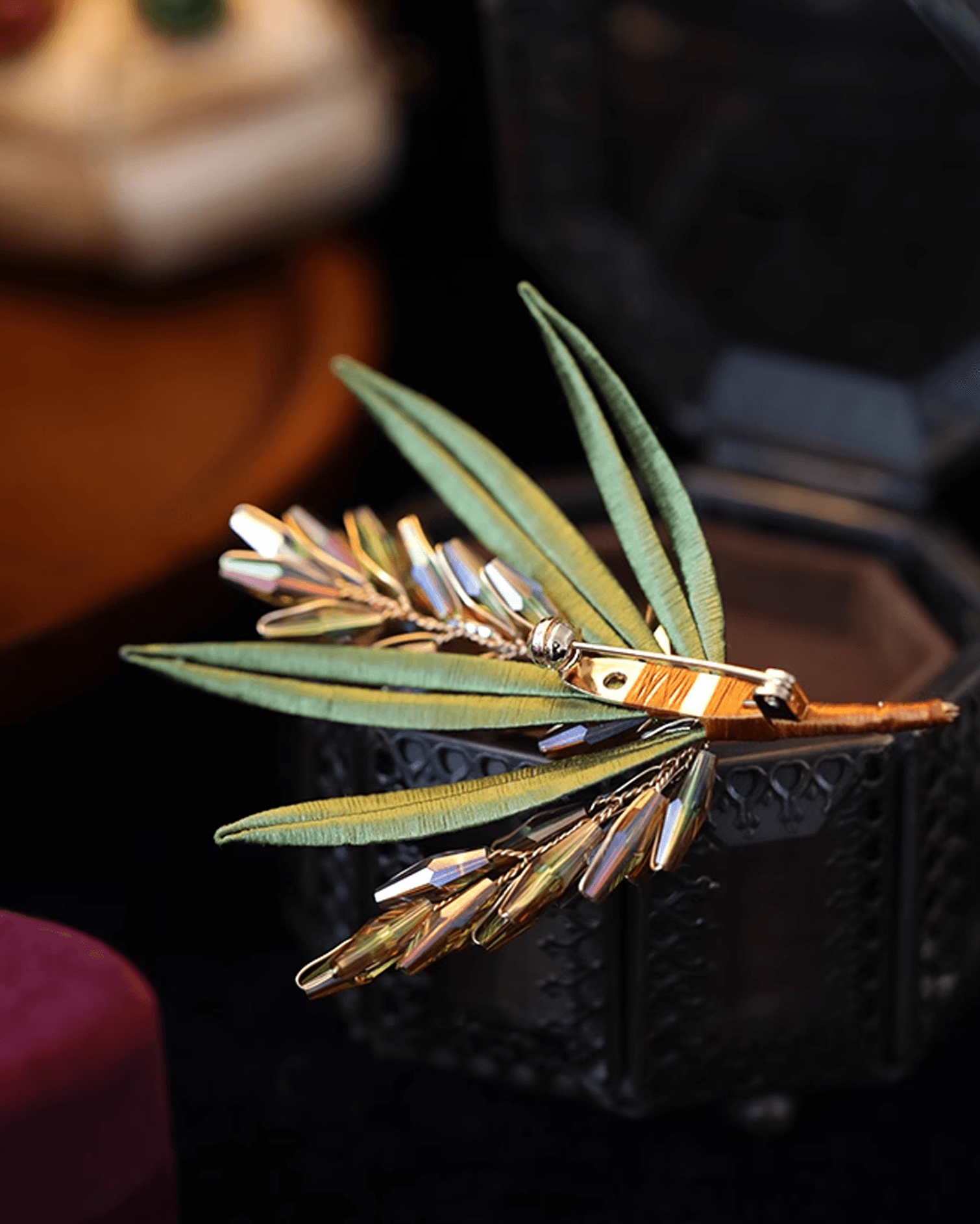 Gift box presentation of silk thread brooch with delicate dried wheat sprigs, symbolizing harvest and prosperity