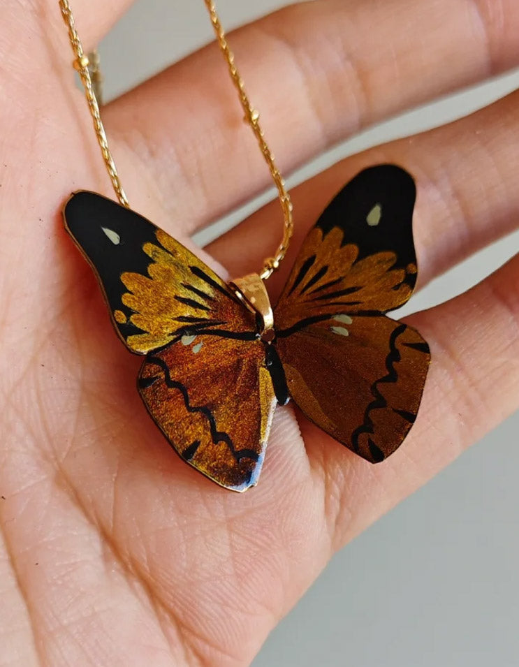 Black Gold Butterfly Hand-Painted Lacquer Pendant Necklace – Close-Up of Butterfly Detailing