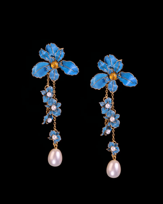 iris-inspired enamel tassel earrings with feather inlay look – modern dian cui revival