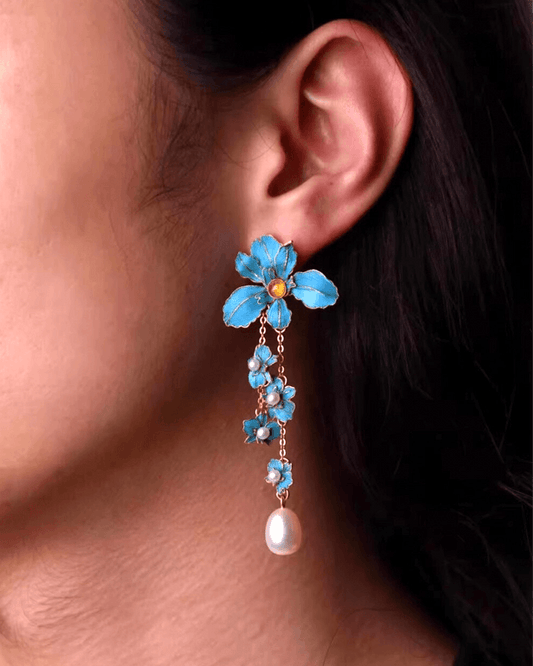 cloisonné and faux feather earrings in blue and gold – Chinese heritage inspired