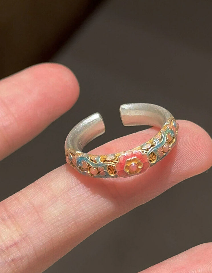 999 Sterling Silver Cloisonné Enamel Ring – Pink Blue Gold Begonia Flower Detail