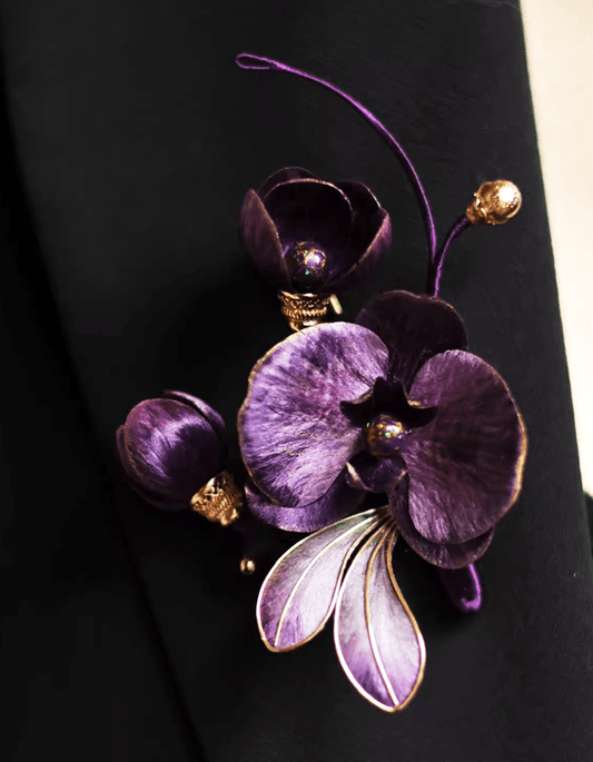 Vanda ‘Miss Joaquim’ Orchid brooch with purple velvet flower and Chinese lacquer centerpiece, handcrafted artisan jewelry