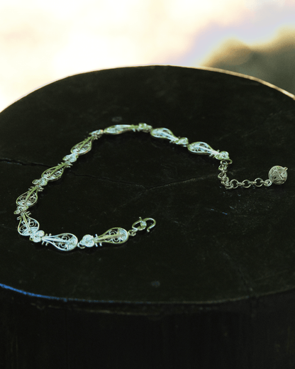 Close-up of handcrafted Pipa-shaped silver bracelet with fine Chinese filigree wirework