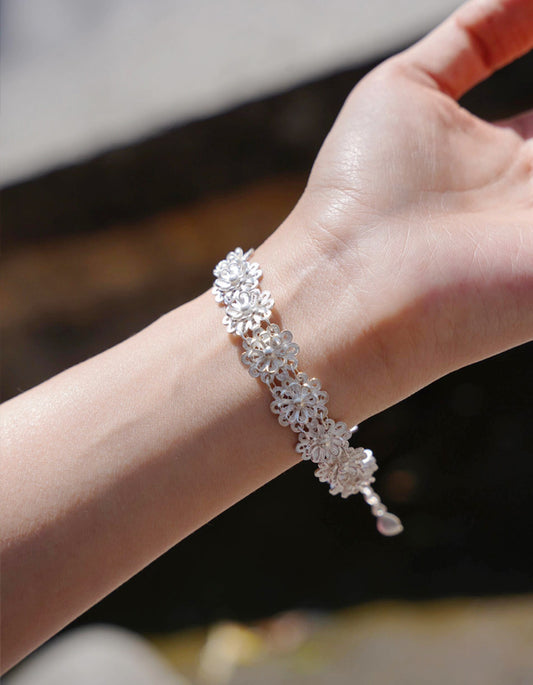Close-up of zolanjewelry handcrafted Chinese silver filigree (Huasi Xiangqian) bracelet featuring double lotus motifs.