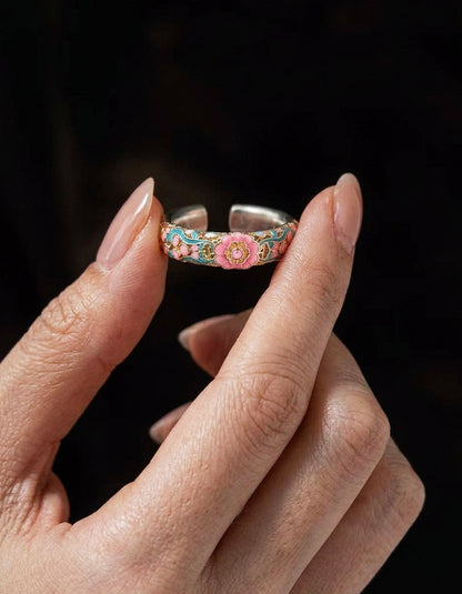Model Wearing zolanjewelry Silver Adjustable Cloisonné Enamel Begonia Ring