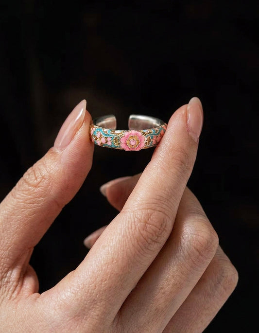 Model Wearing zolanjewelry Silver Adjustable Cloisonné Enamel Begonia Ring